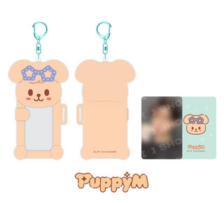 Two cartoon bear-shaped phone cases with a mirror and keychain, featuring the brand 'PuppyM'.
