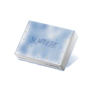 A square product box with a light blue sky and cloud design, decorated with small multicolored confetti dots and the word 'NOWHERE' printed on the lid, shown on a white background.