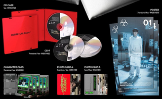 Collection of promotional materials including a red CD case, CDs, character cards, and a poster with a person in a room.