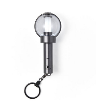 Keychain light with clear lens and metal body on a white background
