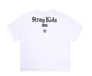 White t-shirt with 'Stray Kids' logo on a white background