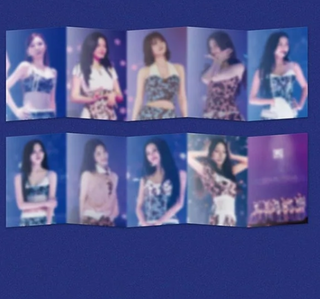 Foldout card with multiple images of a woman in various outfits on a blue background