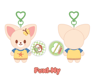 Two cartoon fox keychains with heart-shaped clips on a white background, featuring the brand 'Foxi+Ny'.