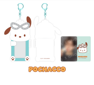 Pochacco character keychain with transparent card holder and POCHACCO branding.