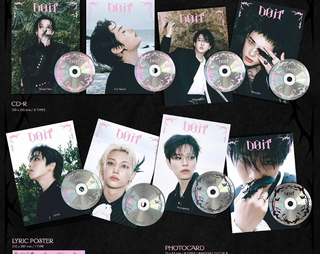 Collection of 'dait' merchandise including CDs, lyric posters, and photocards on a dark background.