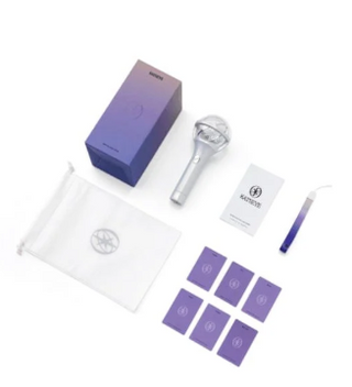 Set of items including a microphone, packaging, and purple components on a white background