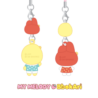 Two cartoon character charms with 'My Melody' and 'Bbok Ari' on a white background.