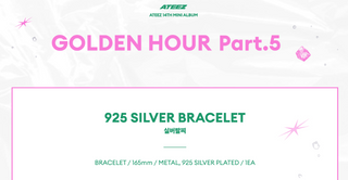 Promotional image for ATEEZ's 'GOLDEN HOUR Part.5' with product details for a 925 silver bracelet.
