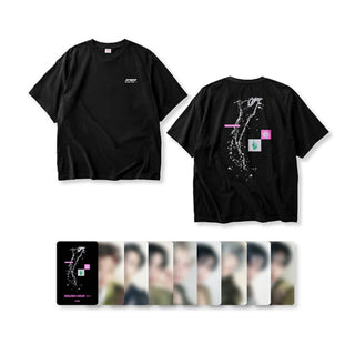 Black t-shirt with graphic design on front and back, displayed with promotional images below. ATEEZ GOLDEN HOUR Part.5 POP-UP official short sleeve T-shirt
