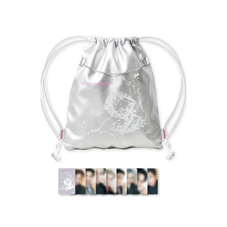 Silver drawstring bag with a logo and a card with multiple images on a white background ATEEZ GOLDEN HOUR Part.5 POP-UP official string bag