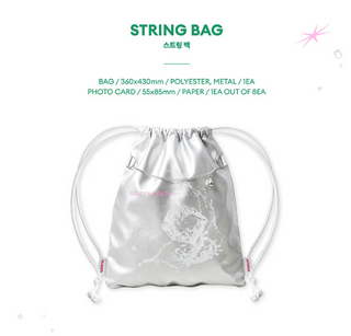 Silver drawstring bag with white design on a white background ATEEZ GOLDEN HOUR Part.5 POP-UP string bag with photocard