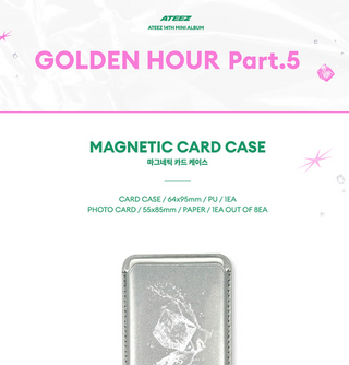 Promotional image of ATEEZ Golden Hour Part.5 magnetic card case with product details.