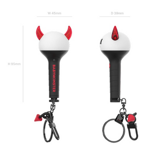 Two devil-themed keychains with measurement details on a white background BABYMONSTER official light stick package contents