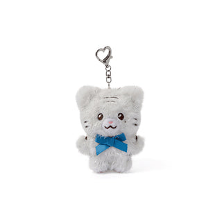 Plush cat keychain with a blue bow on a white background BBAEKKO ILLIT DEARLIT official plush keyring
