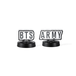 Two black holders with 'BTS' and 'ARMY' text on a white background