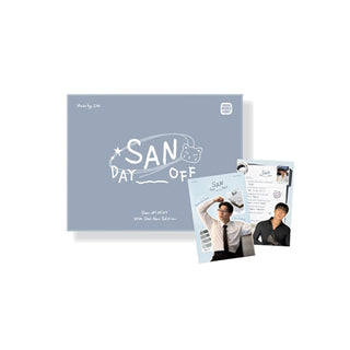 A light blue album package for 'SAN DAY OFF' by ()15, shown with printed inserts and cards featuring photos of the artist on a white background.