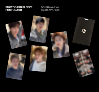 Six blurred photocard sleeves and sample photo cards arranged on a black background, with white text reading 'PHOTOCARD SLEEVE' and size information '60x90 mm / 1ea' and '55x85 mm / 6ea'. CORTIS COLOR OUTSIDE THE LINES Singing Bowl Version
