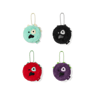 Four round plush monster keychains arranged in a 2x2 grid on a white background. The top-left keychain is mint green with a gold chain, the top-right is black with a silver chain, the bottom-left is red with a green chain, and the bottom-right is purple with a green chain. CORTIS MINI CORTIS BALL KEYRING