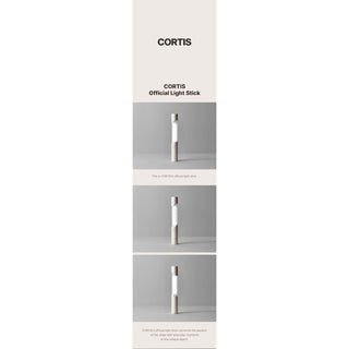 A tall, narrow promotional graphic for the Cortis Official Light Stick. The design features a cream-colored top section with the brand name 'CORTIS' and product name 'CORTIS Official Light Stick' in black text, followed by three stacked horizontal panels showing the white and silver light stick from different angles against a gray background.