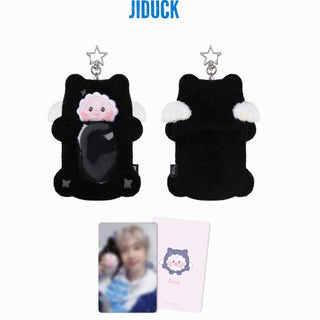 Black plush keychains with a cute face design on a white background, featuring the brand 'JIDUCK'. Xdinary Monsters REEL HOLDER official merchandise