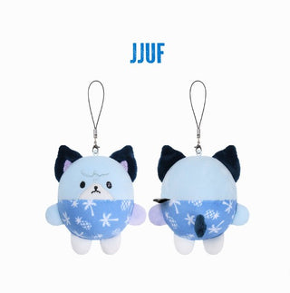 Two blue plush keychains with black accents on a white background, featuring the brand 'JJUF'. 'JJUF. Xdinary Monsters Summer Version plush