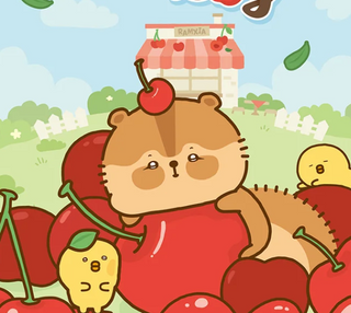 Cartoon animal character with a cherry on top surrounded by apples and a small building in the background