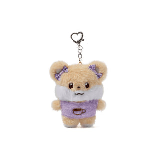 Plush keychain bear with a purple outfit and heart-shaped key ring on a white background MOCHA-LATTE ILLIT DEARLIT official plush keyring