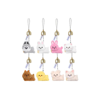 Six plush animal bell keychains arranged in two rows on a plain white background. The top row features gray, white, pink, and white bunny-shaped bells, and the bottom row features brown, yellow, pale pink, and cream cat-shaped bells.