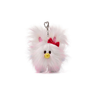 Fluffy white keychain with a red bow on a white background ILLIT DEARLIT official plush keyring