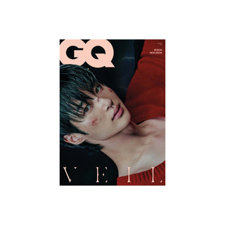GQ Korea magazine cover featuring a close-up portrait of a man in a red knit sweater, with the GQ logo at the top and the name 'VEIL' at the bottom.