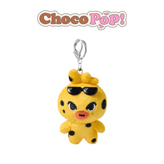 Yellow plush keychain with black spots and a bow, featuring the Choco Pop! brand. PU-NI ENHYPEN ENCHIN plush keyring size guide