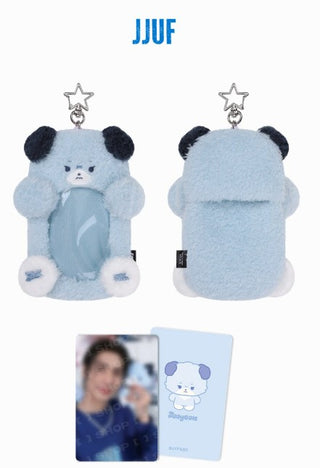 Plush panda keychain with JJUF branding on a white background Xdinary Monsters REEL HOLDER product details and size guide