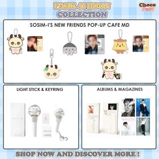 Promotional image of Park Ji Hoon collection with various products including keychains and light sticks.