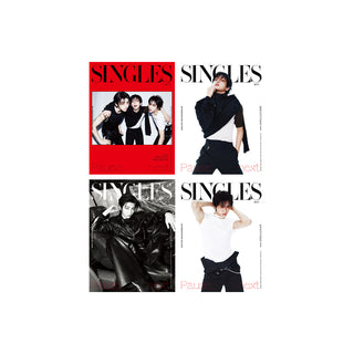 Four fashion magazine cover designs featuring a male model, arranged in a 2x2 grid on a white background. The covers are labeled 'SINGLES' and include color variations: red, black-and-white, and white. Singles Korea August 2026 magazine featuring BOYNEXTDOOR in four collectible cover versions