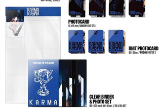 Stray Kids 'The 47th Album' Karma Tour Koino Edition merchandise set, including a clear binder, photo set, unit photocards, and a clear photo binder, displayed on a white background with product labels.