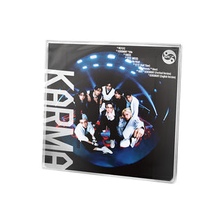 Album cover with a group of people and the word 'Karma' on a white background