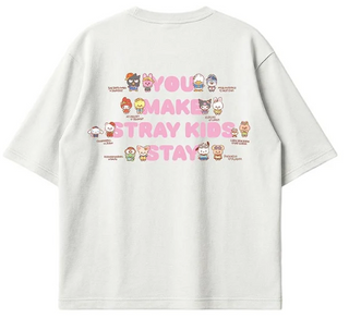 White t-shirt with colorful graphics and text on a white background Stray Kids SKZOO x Sanrio Characters T-shirt back design