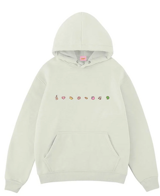 Beige hoodie with colorful graphic on a white background Stray Kids SKZOO x Sanrio Characters hoodie size details