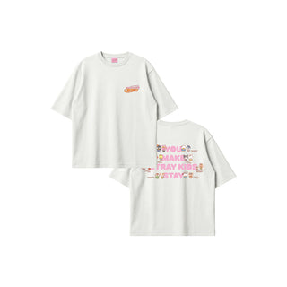 Two white t-shirts with colorful graphics and text on a white background Stray Kids SKZOO x Sanrio Characters official T-shirt