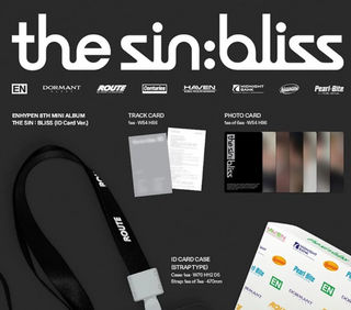 Promotional graphic for the ENHYPEN 6th Mini Album 'The Sin: Bliss' showing included merchandise: a black lanyard with white text, a track card, a photo card, an ID card case, and a card sleeve, all on a dark background with album title and sponsor logos.