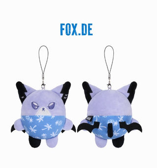 Two plush keychains shaped like foxes with blue patterns on a white background, featuring the brand 'FOX.DE'. Xdinary Monsters PLUSH SUMMER Ver. character plush details
