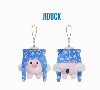 Two plush keychains with a blue and white pattern on a white background, featuring the brand 'JIDUCK'. Xdinary Monsters PLUSH SUMMER Ver. character plush details
