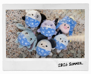 Set of plush toys with blue and white patterns on a textured surface, labeled '2026 Summer'. Xdinary Monsters PLUSH SUMMER Ver. character plush details
