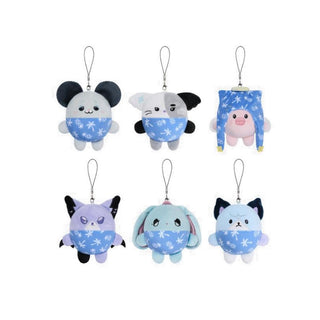 Set of six plush keychains with animal designs in blue outfits on a white background Xdinary Monsters PLUSH SUMMER Ver. official plush collection