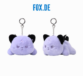 Two purple plush keychains shaped like cartoon foxes with black ears on a white background, branded 'FOX.DE'. Xdinary Monsters PLUSH VOICE Ver. squeeze to hear member voice messages