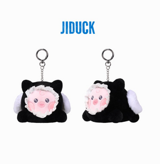 Two black cat-shaped keychains with white accents on a white background, branded 'JIDUCK'.
