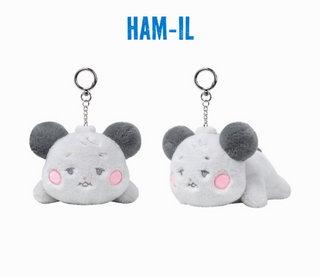 Two plush keychains shaped like cartoon hamsters on a white background with 'HAM-IL' text above.