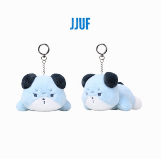 Two blue panda plush keychains with black ears on a white background, featuring the brand 'JJUF'.