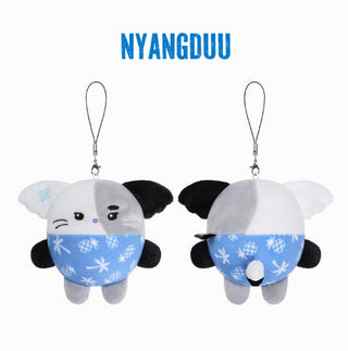 Two plush keychains with a cartoon character on a white background, branded 'NYANGDUU'. Xdinary Monsters Summer Version plush wearing seasonal outfits