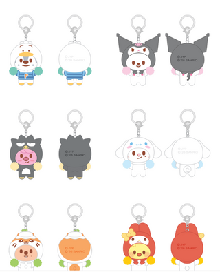 Set of cartoon character keychains on a white background